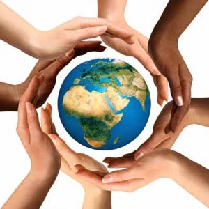 several pair of hands gently around the outside of planet earth, palms facing towards it to help heal it, while demonstrating more love, connection, and unity