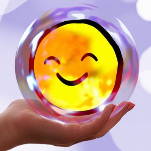 smiling happy face emoji inside a crystal ball, being held in the palm of a hand